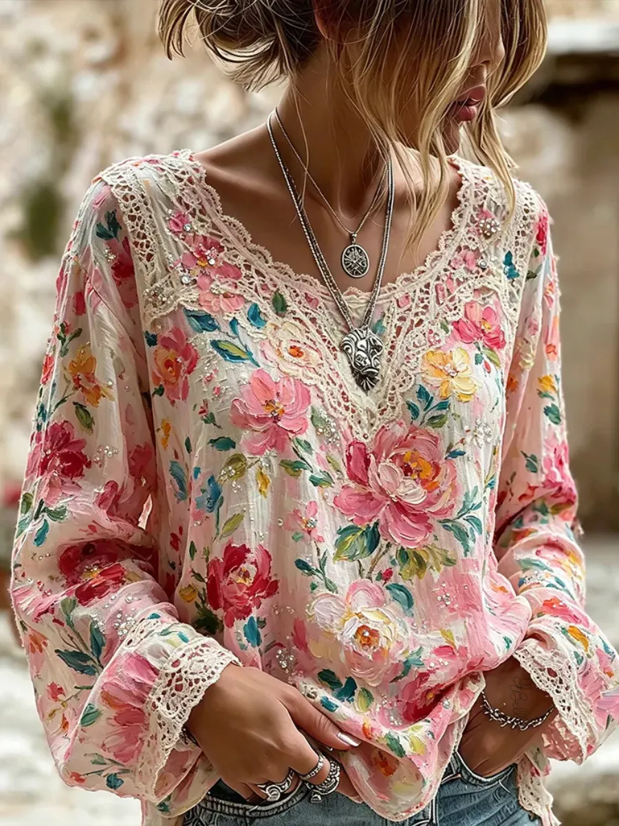Women's Vintage Abstract Floral Oil Painting Art V Neck Linen T Shirt