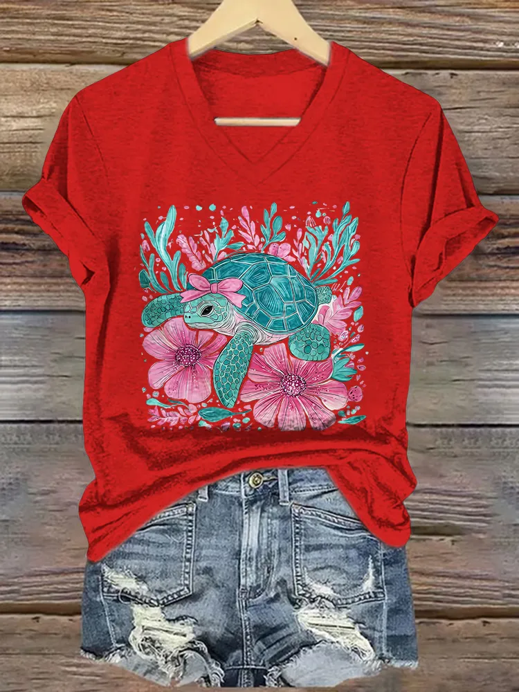 Women's Sea Turtles Short Sleeves V-Neck Pure Cotton T-Shirt