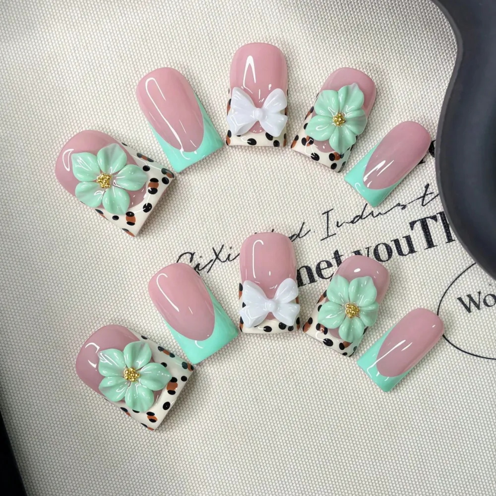 Nailhour 10Pcs Handmade Y2K Green French Short Square Press On Nails