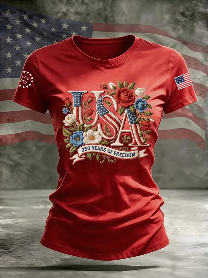 Women's Flag & Floral Print Cotton-Linen T-Shirt