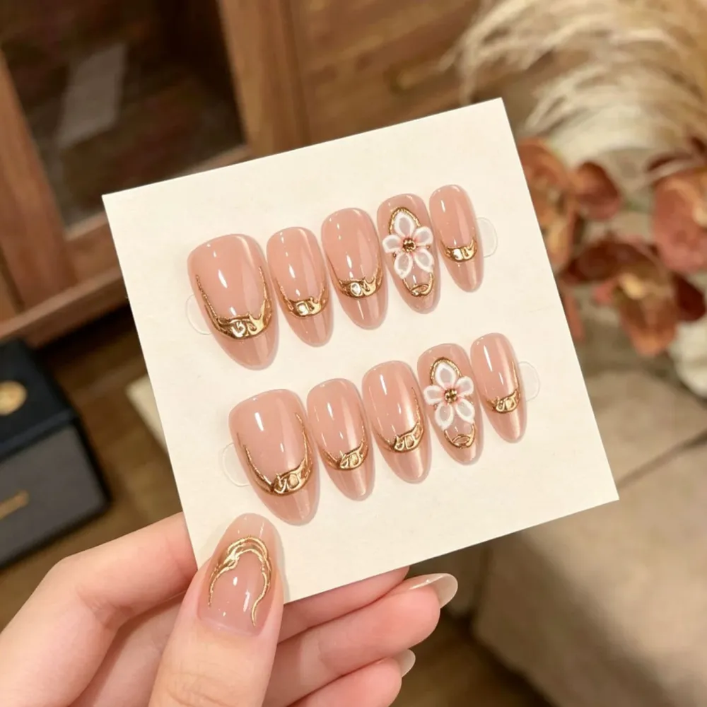 Nailhour 30Pcs Nude Pink Floral 3D Medium Almond French Press On Nails