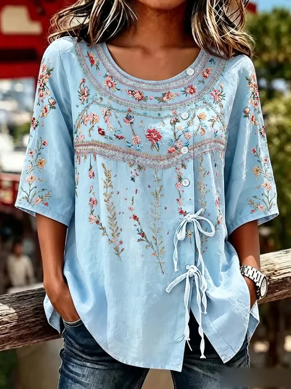 Women's  Floral Embroidered Tie Front 3/4 Sleeve Blouse