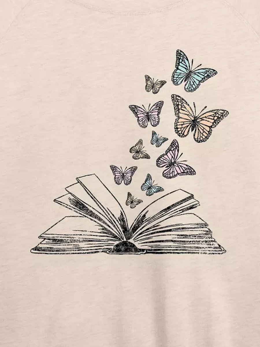 Butterfly and Book Prined Round Neck T-Shirt
