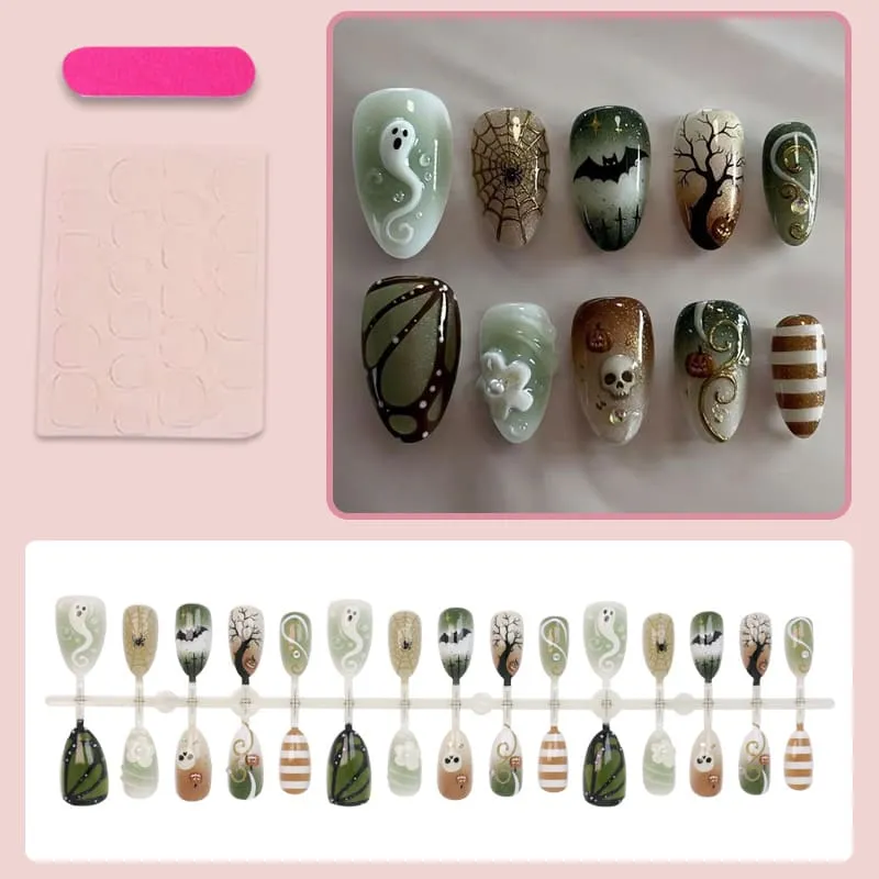 Nailhour 30Pcs 3D Halloween Green Ghost Medium Almond Press On Nails