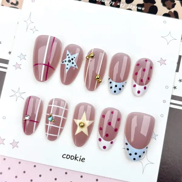 Nailhour 30Pcs Medium Almond Polka Dot Stars Press On Nails