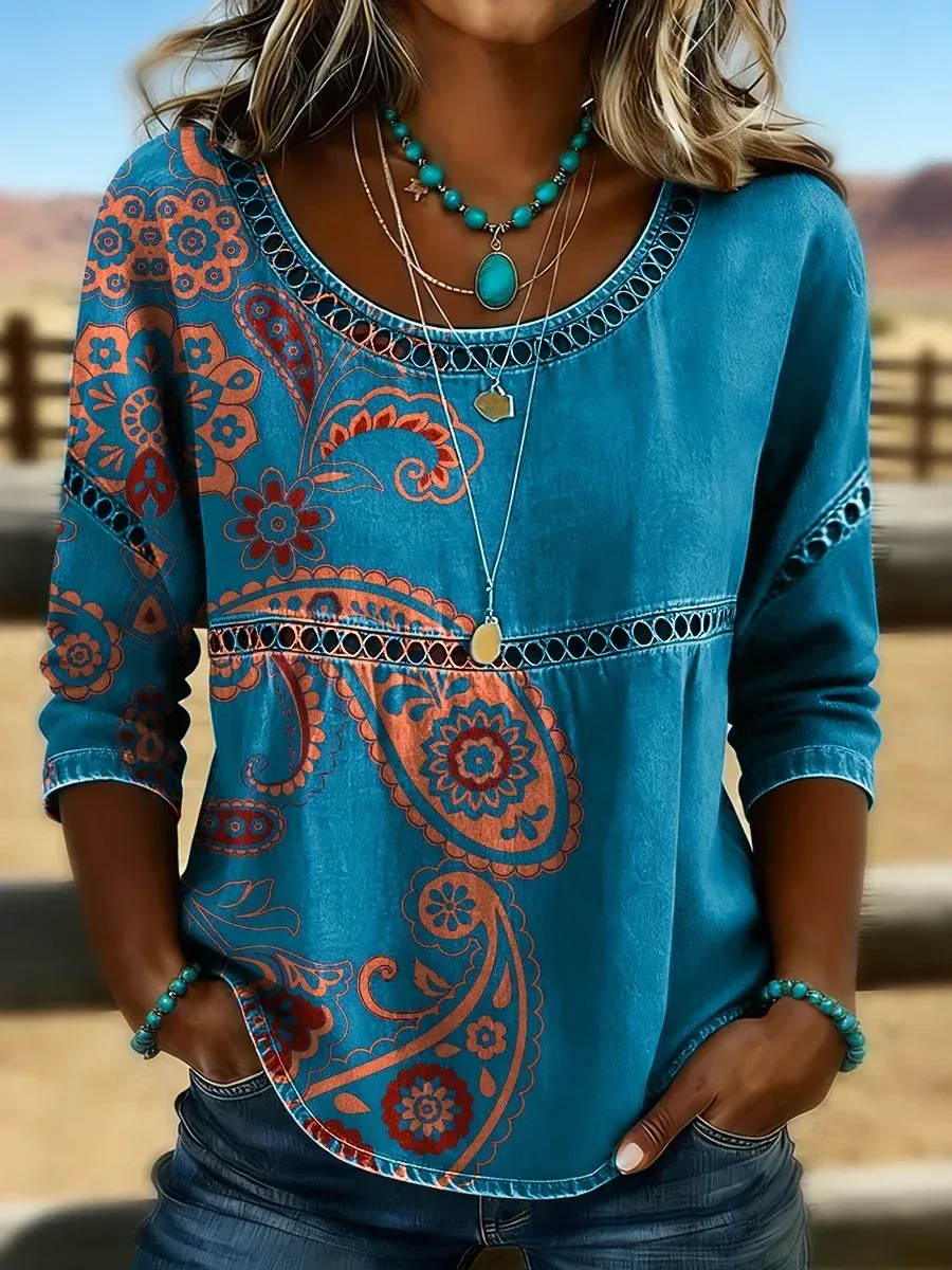 Women's Western Vintage Floral Print Casual O-Neck Top