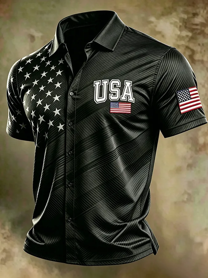 Men'S America Flag Printed Casual Collar Shirt
