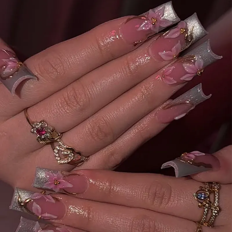 Nailhour 24Pcs Pink French Floral Medium Square Press On Nails