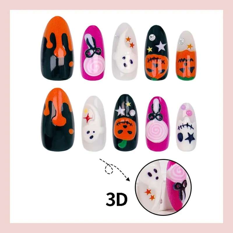 Nailhour 30Pcs Halloween Medium Almond 3D Ghost Press On Nails
