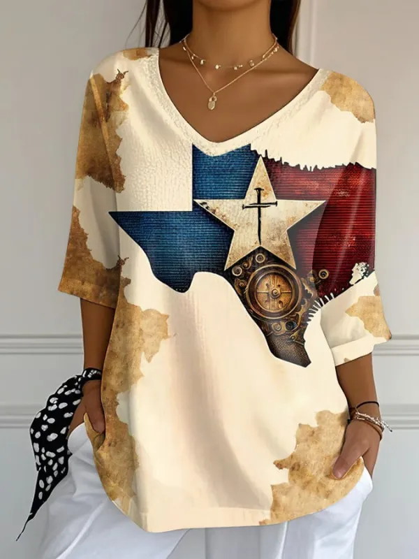 Women's Texas Print Casual V-Neck T-Shirt