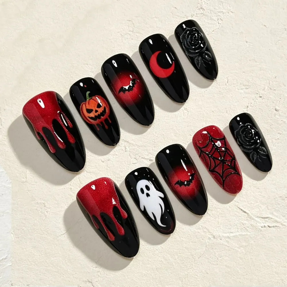 Nailhour 30Pcs Halloween Ghost Handmade Medium Almond Press On Nails