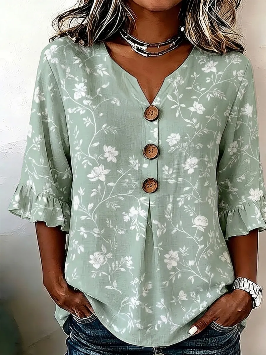 Retro-Chic Floral Print Women's Linen Shirt