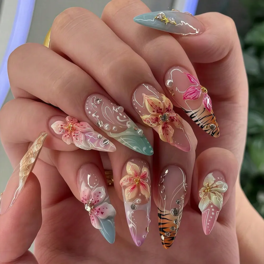 Nailhour 24 Pcs Almond Embossed 3D Matte Floral And Ombre Tiger Print Nail Art