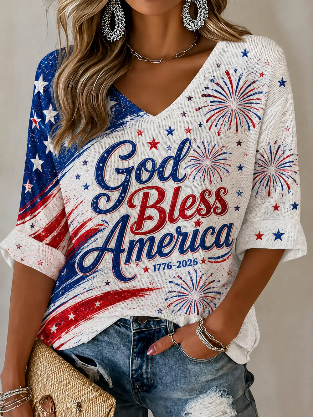 Women'S Retro Independence Day Art Printed Casual T-Shirt