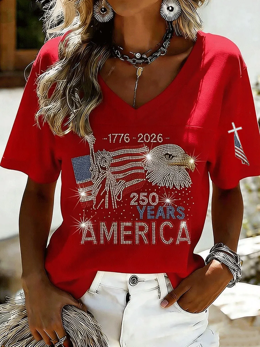 Ladies' American Flag Printed Casual Long Sleeve V-neck T-shirt