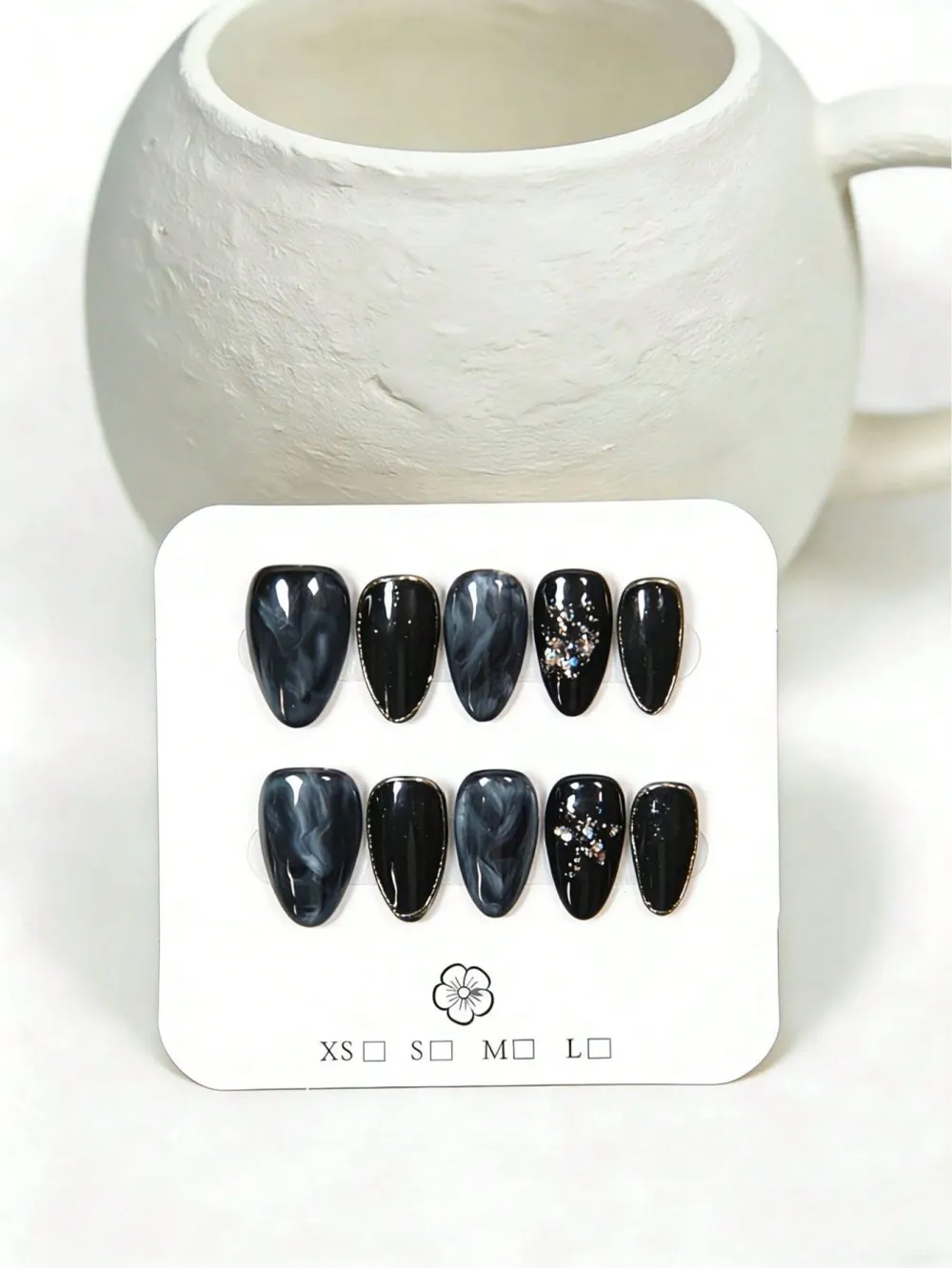 Nailhour 10Pcs Handmade Black Glitter Gothic Medium Almond Press On Nails