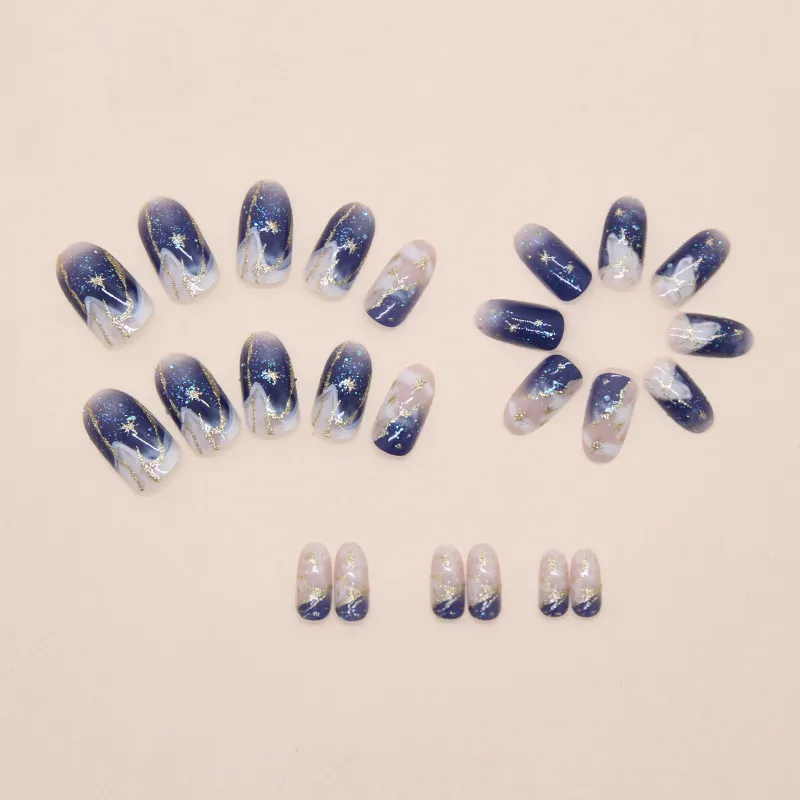 Nailhour Oval Gradient Glitter 24Pcs Blue Almond Cool Press On Nails