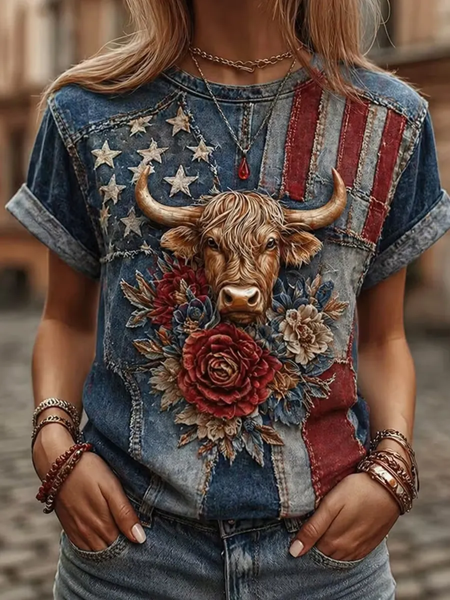 American Flag and Highland Cow Patchwork Design Women's Vintage T-Shirt