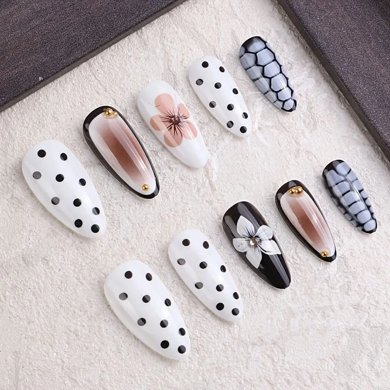 Nailhour 24Pcs 3D French Floral Medium Almond Press On Nails