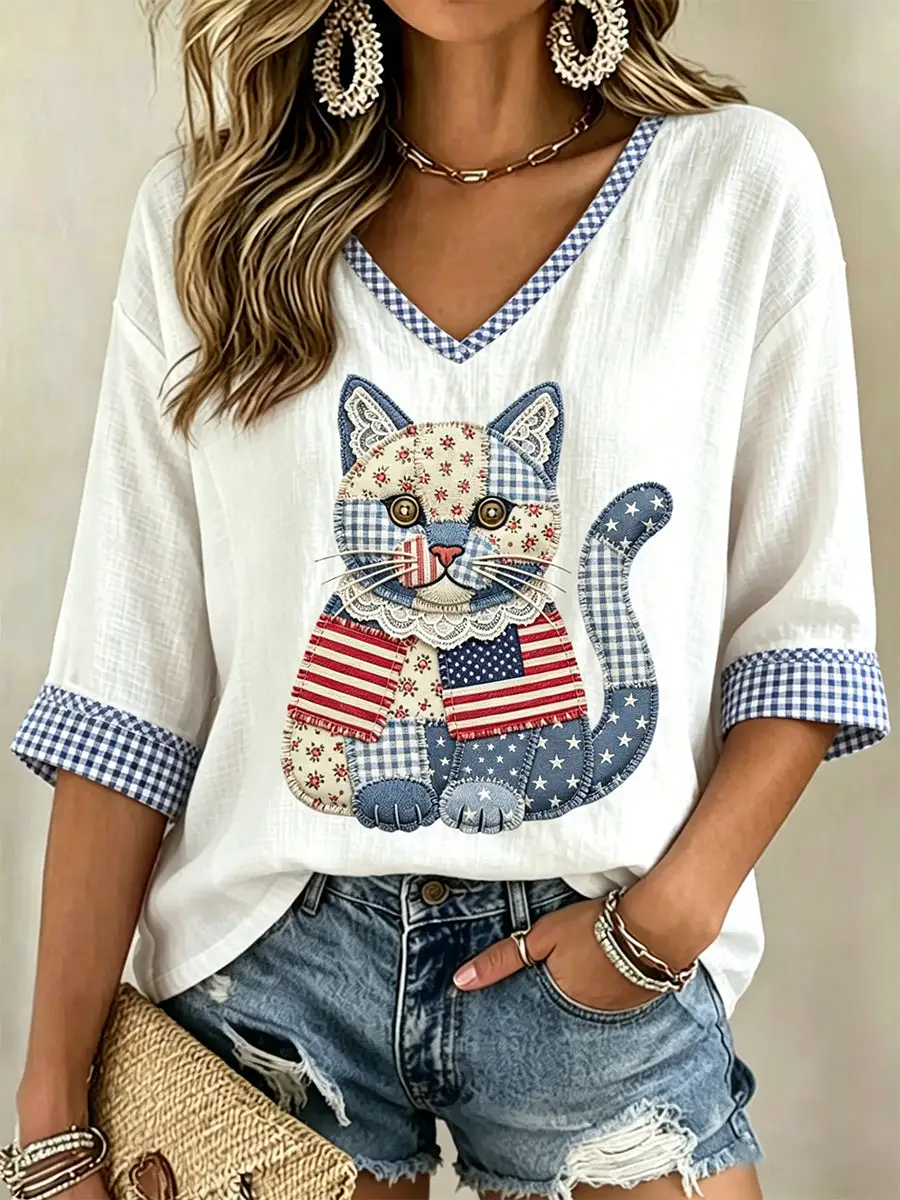 Women'S V-Neck Independent Day Printed Shirt