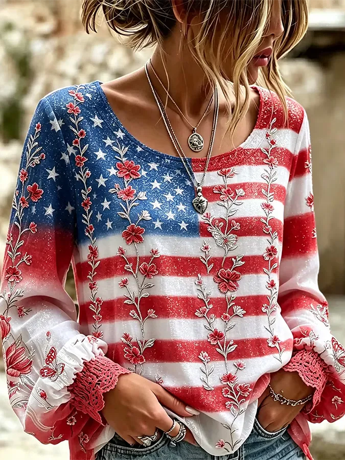 Women's Vintage American Flag Floral Art Cotton-Linen Shirt