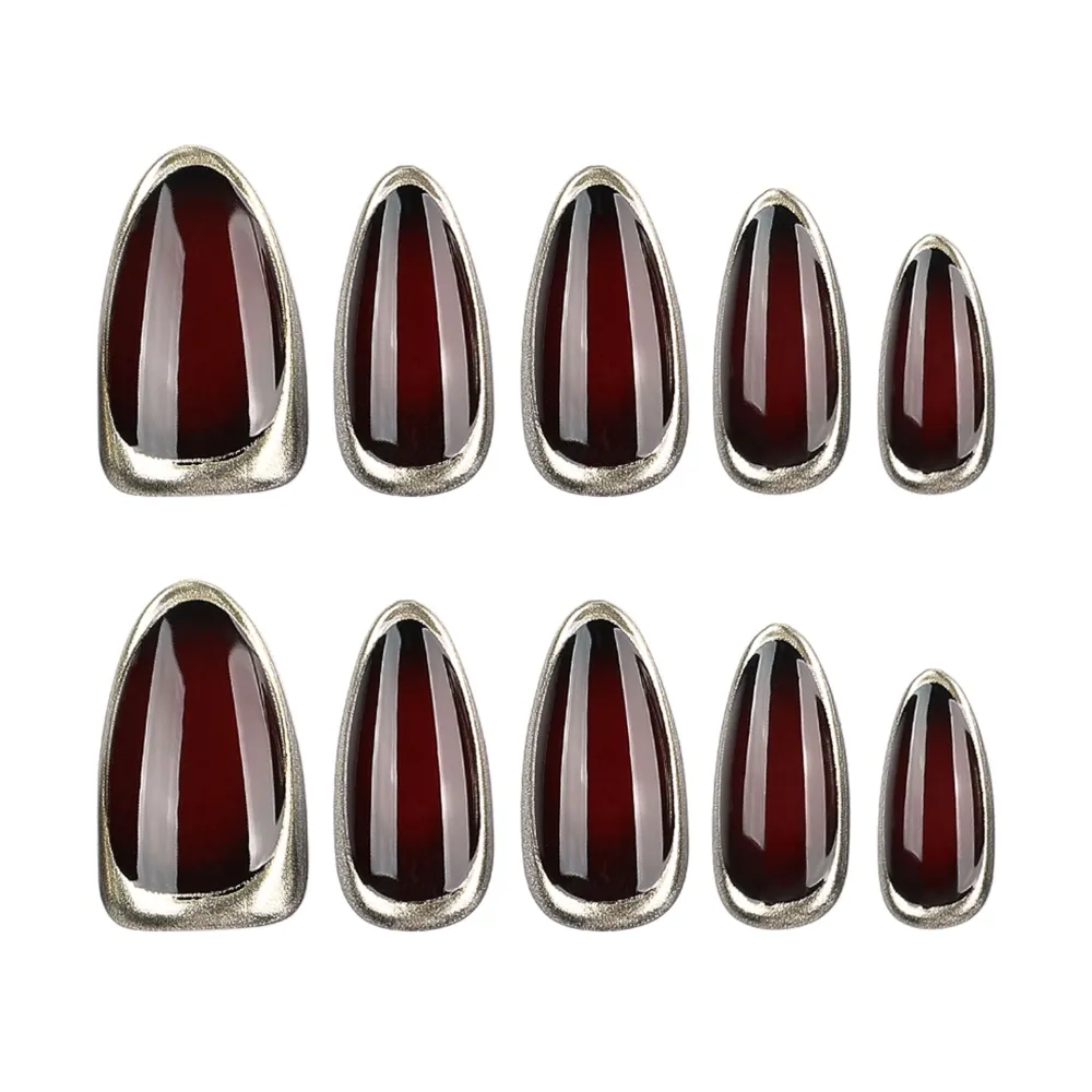 Nailhour 24Pcs Wine Red With Gold Edges Medium Almond French Press On Nails
