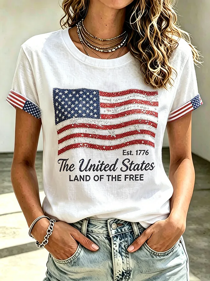 Ladies' Casual American 250Th Anniversary Commemorative Glitter Printed Round Neck Short Sleeved T-Shirt