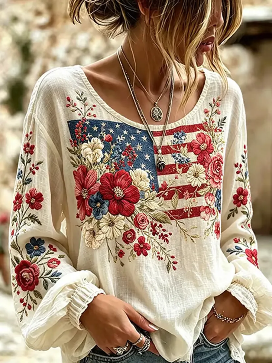 Women'S Floral Printed Casual Cotton And Linen Top