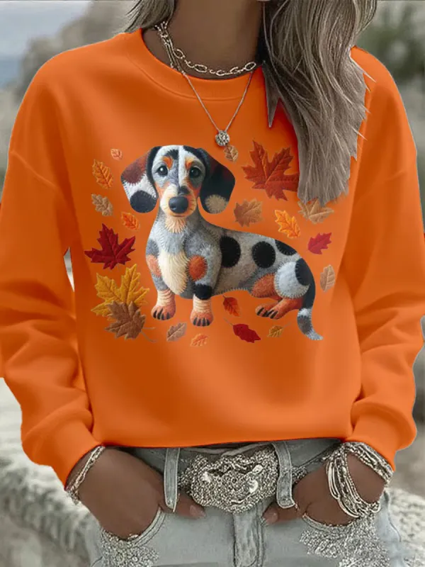 Women's Autumn Dog Print Crew Neck Sweatshirt