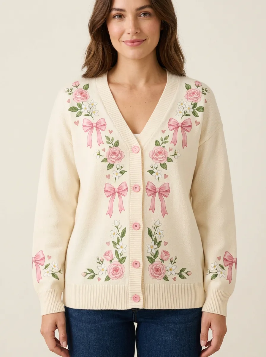 Women's Breast Cancer Pink Rose Printed Cardigan - THINKPINKWARRIOR