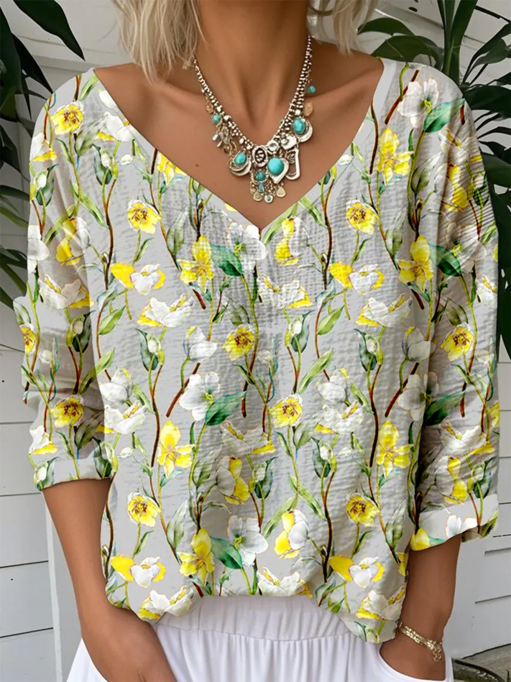 Women's Yellow And White Flower Print Long-Sleeved Shirt
