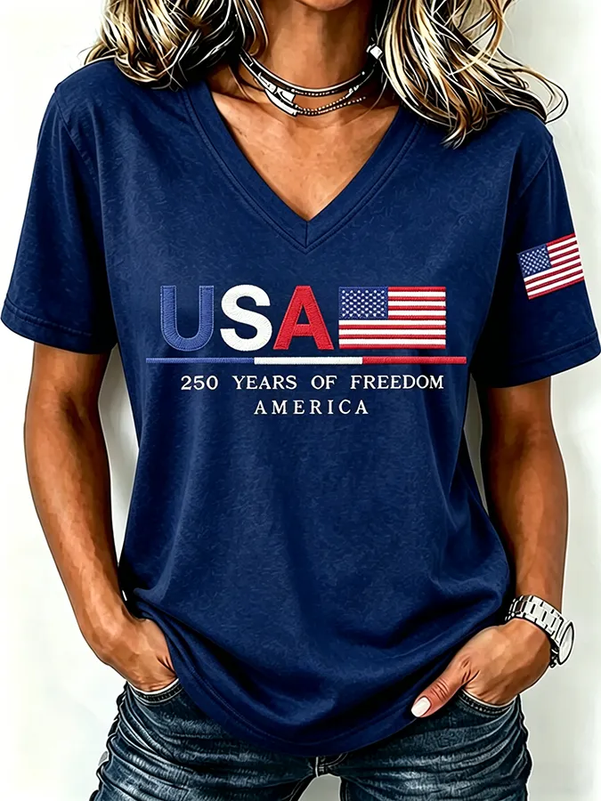 250Th Anniversary American Embroidery Commemorative V-Neck Short Sleeved T-Shirt