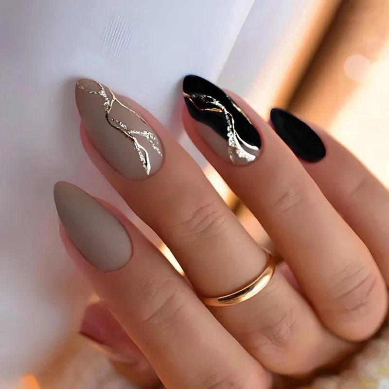 Nailhour 24Pcs Matte Nail Art Almond Chrome Daily Press On Nails