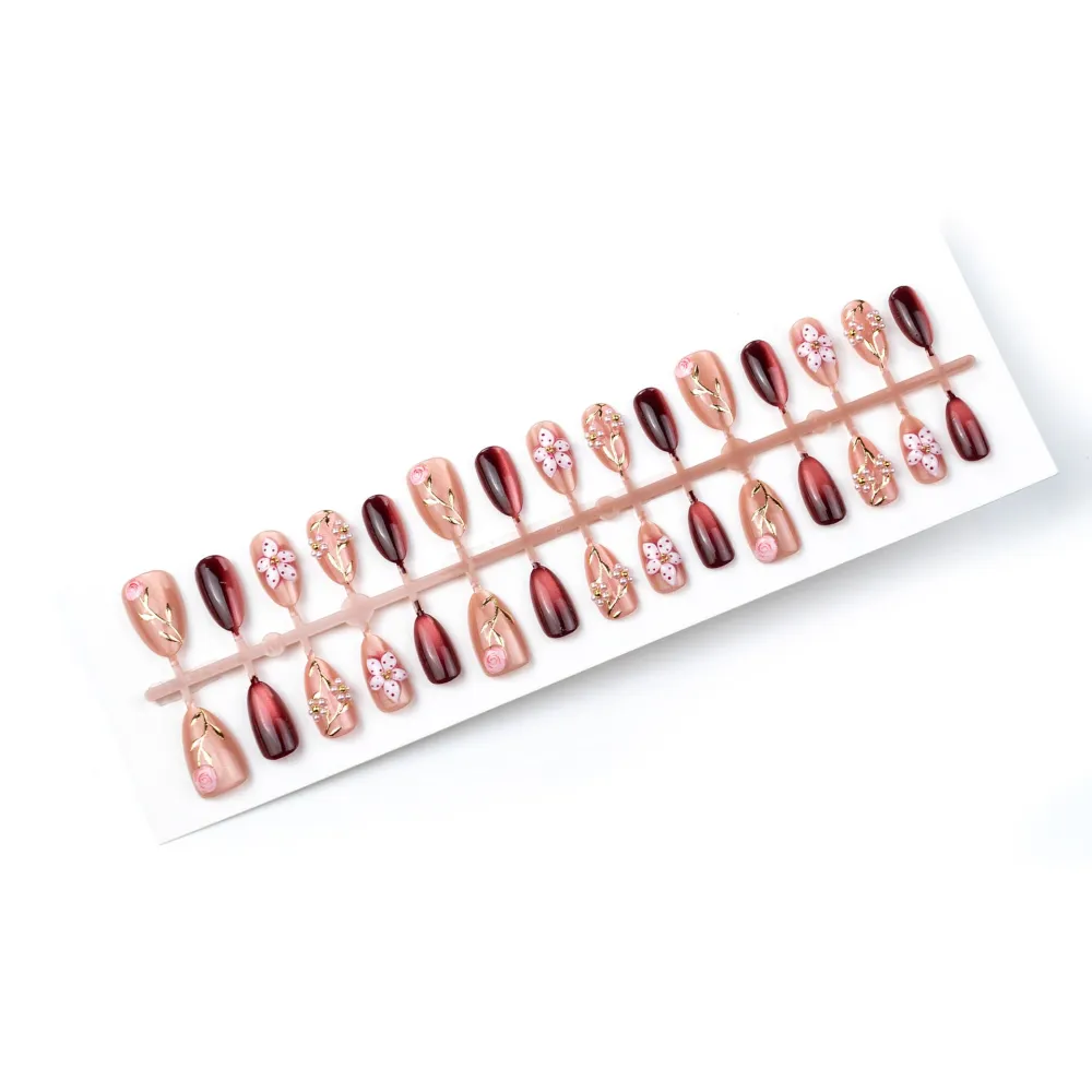 Nailhour 30Pcs Floral Gilded 3D Cat Eye Medium Almond French Press On Nails