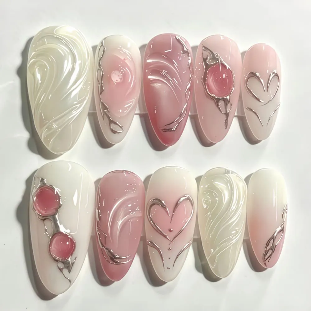 Nailhour 30Pcs Gradient Pink 3D Medium Almond French Press On Nails