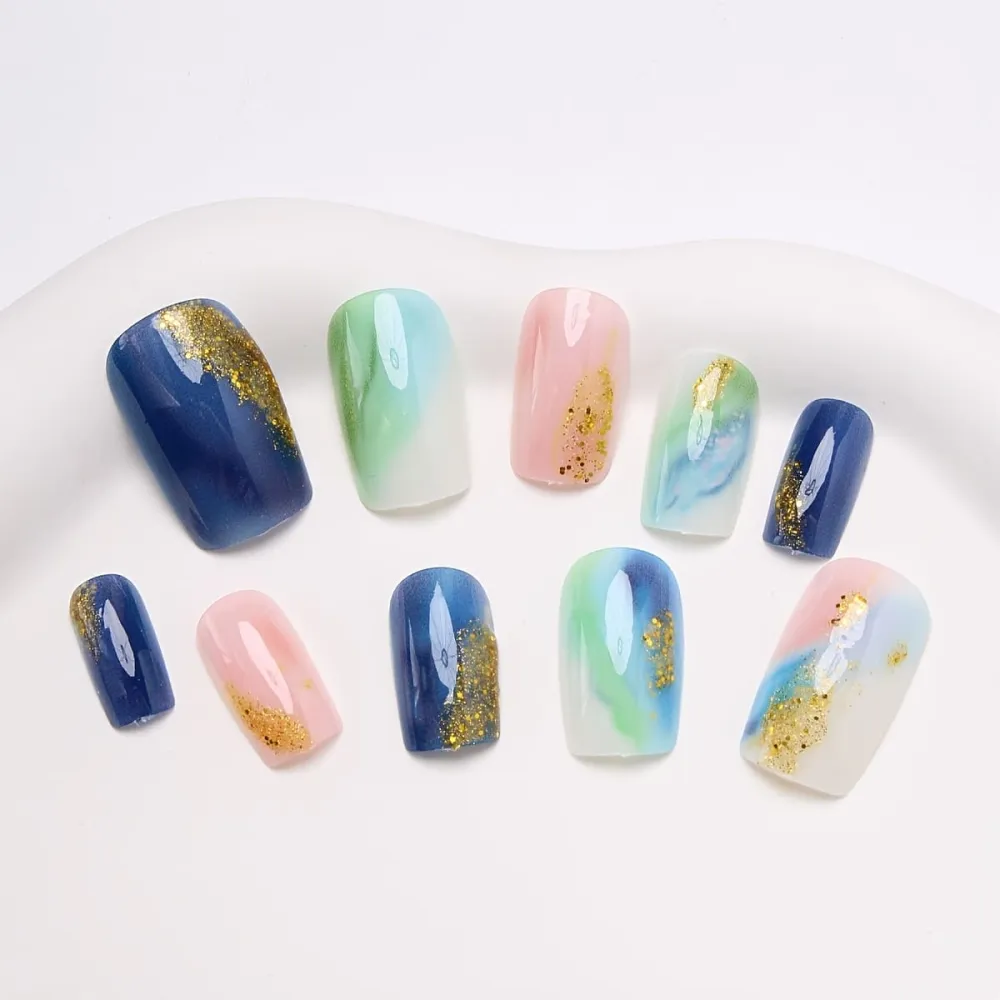 Nailhour 24Pcs Multicolor Glitter Gradient Medium Square Press On Nails