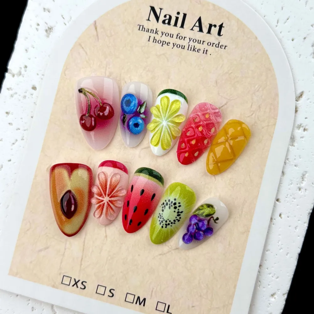 Nailhour 30Pcs Fruit 3D Medium Almond French Press On Nails