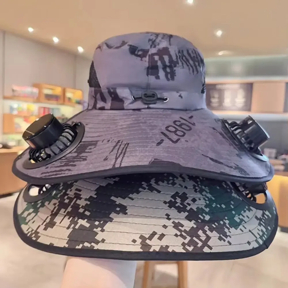 Anti-UV Sun Hat With Solar Fan, Adjustable Camouflage Wide Brim Sun Hat