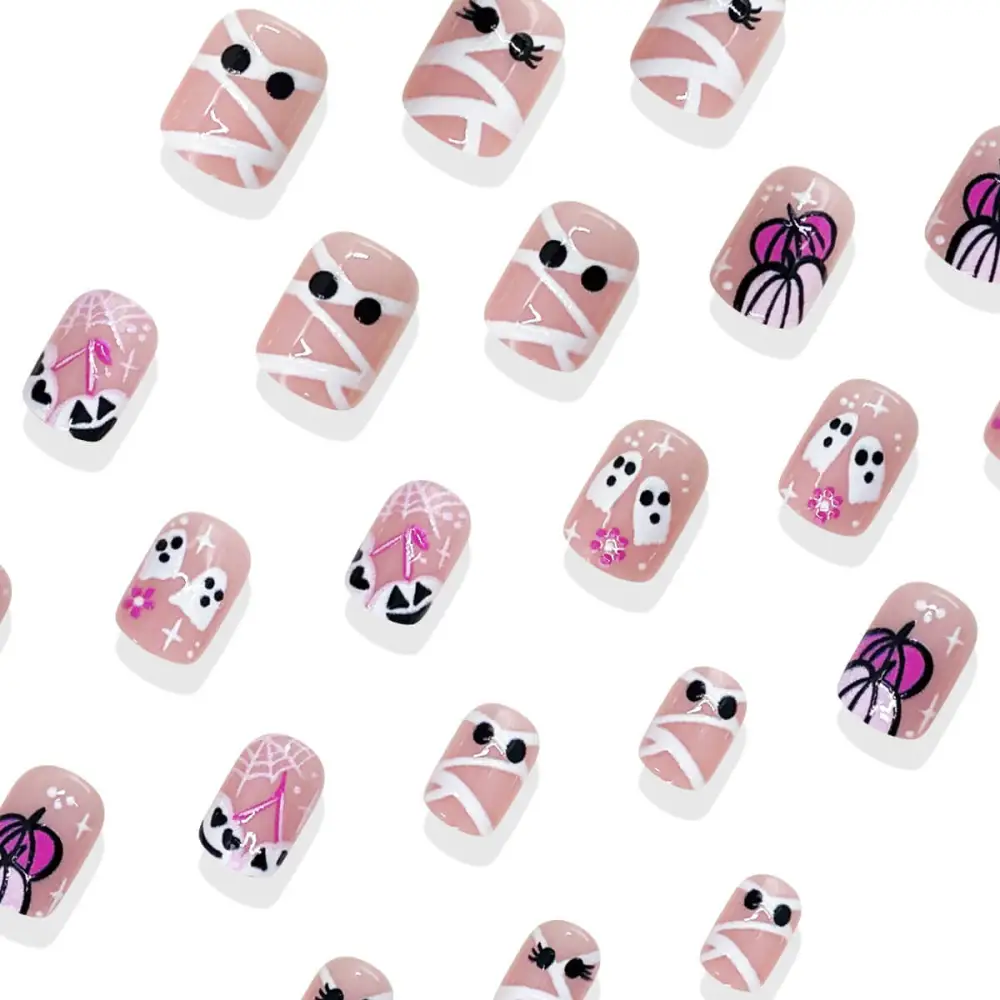 Nailhour 24Pcs Halloween Short Squoval Midnight Sweetheart Press On Nails