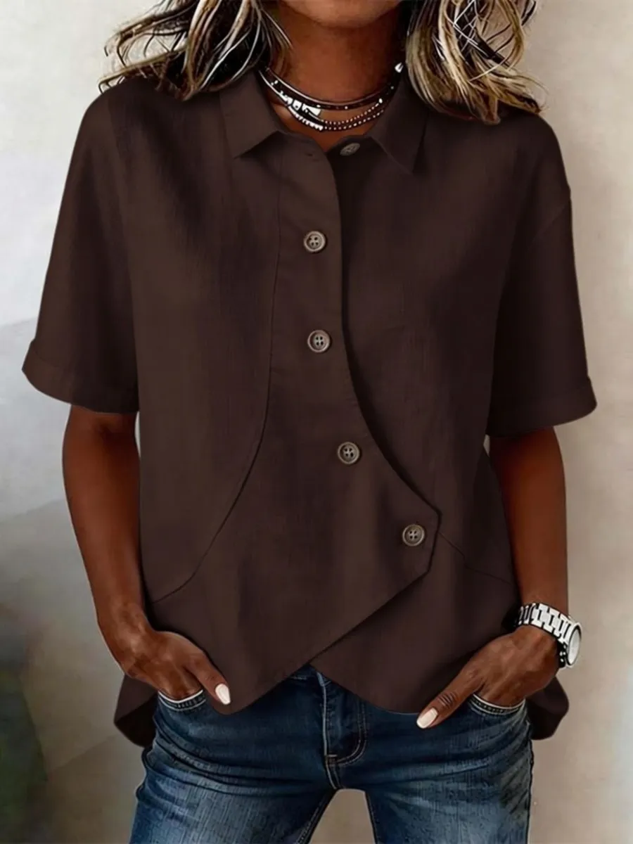 Women's Short-Sleeve Button-Down Cotton-Linen Shirt
