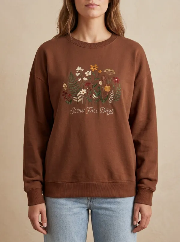 Slow Wildflower Botanical Embroidered Women's Graphic Sweatshirt