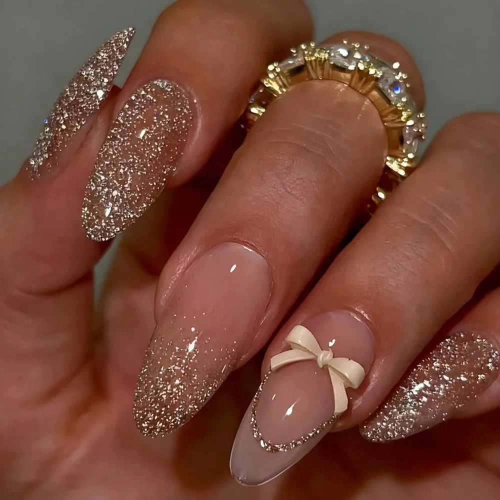 Nailhour Minimalist 24Pcs Glitter Nude Wedding Party Press On Nails