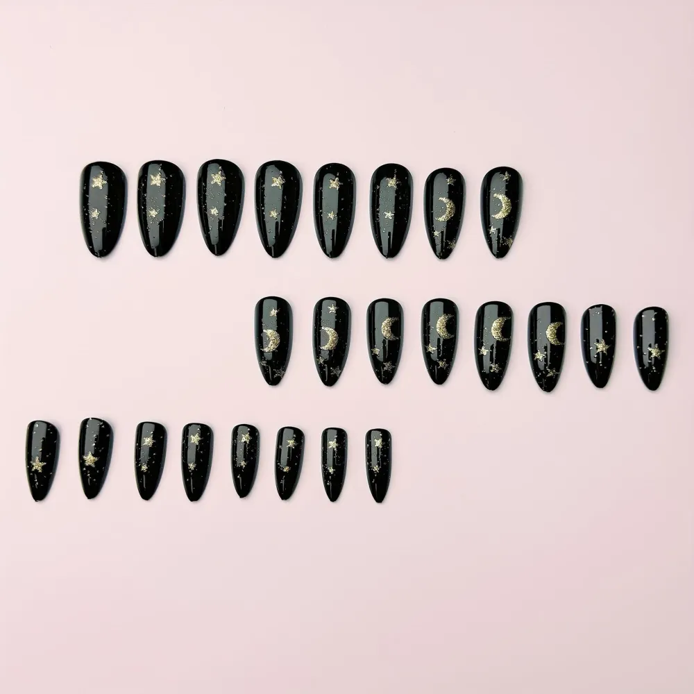Nailhour 24Pcs French Black Gilded Shining Star Gothic Medium Almond Press On Nails
