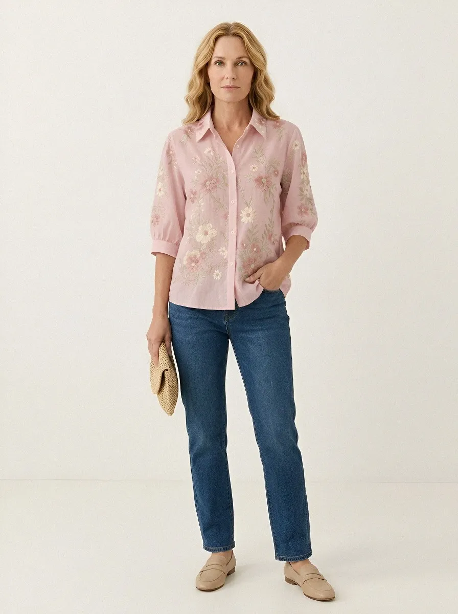 Women's Breast Cancer Awareness Pink Floral Embroidered Button-Down Shirt