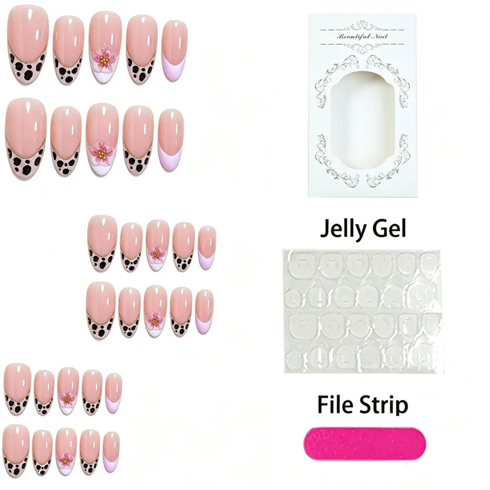 Nailhour 30Pcs Floral Retro Leopard Print Medium Almond Press On Nails
