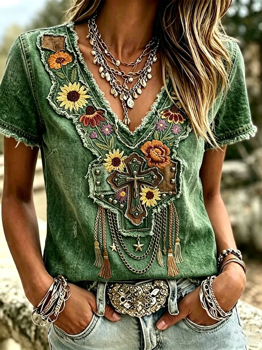 Women'S Casual Retro Western-Style Faith T-Shirt