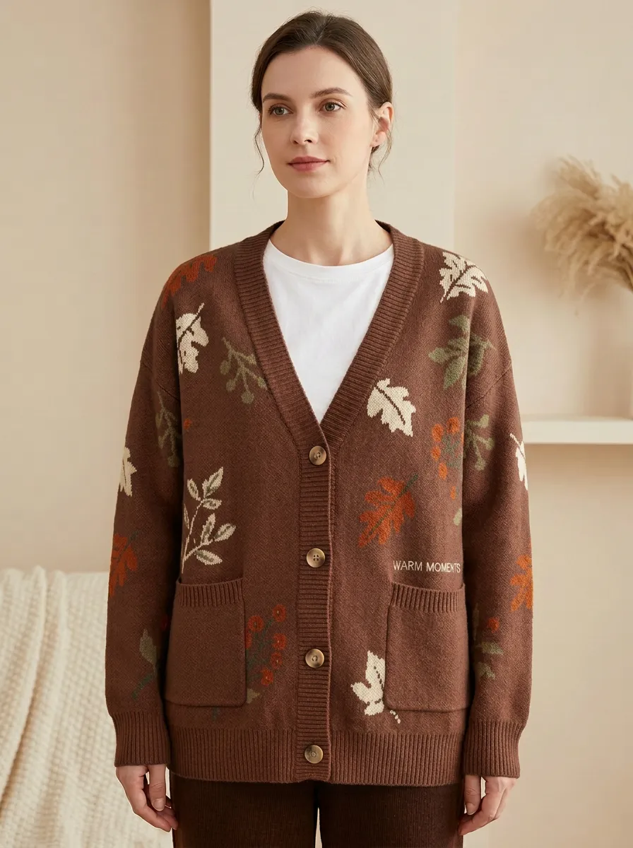 Botanical Leaf Pattern Embroidered Women's Knit Cardigan