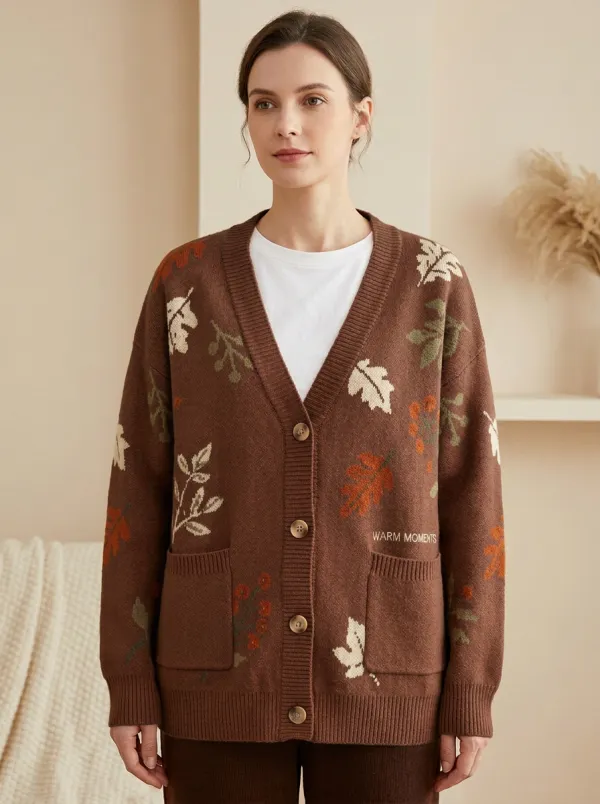 Botanical Leaf Pattern Embroidered Women's Knit Cardigan