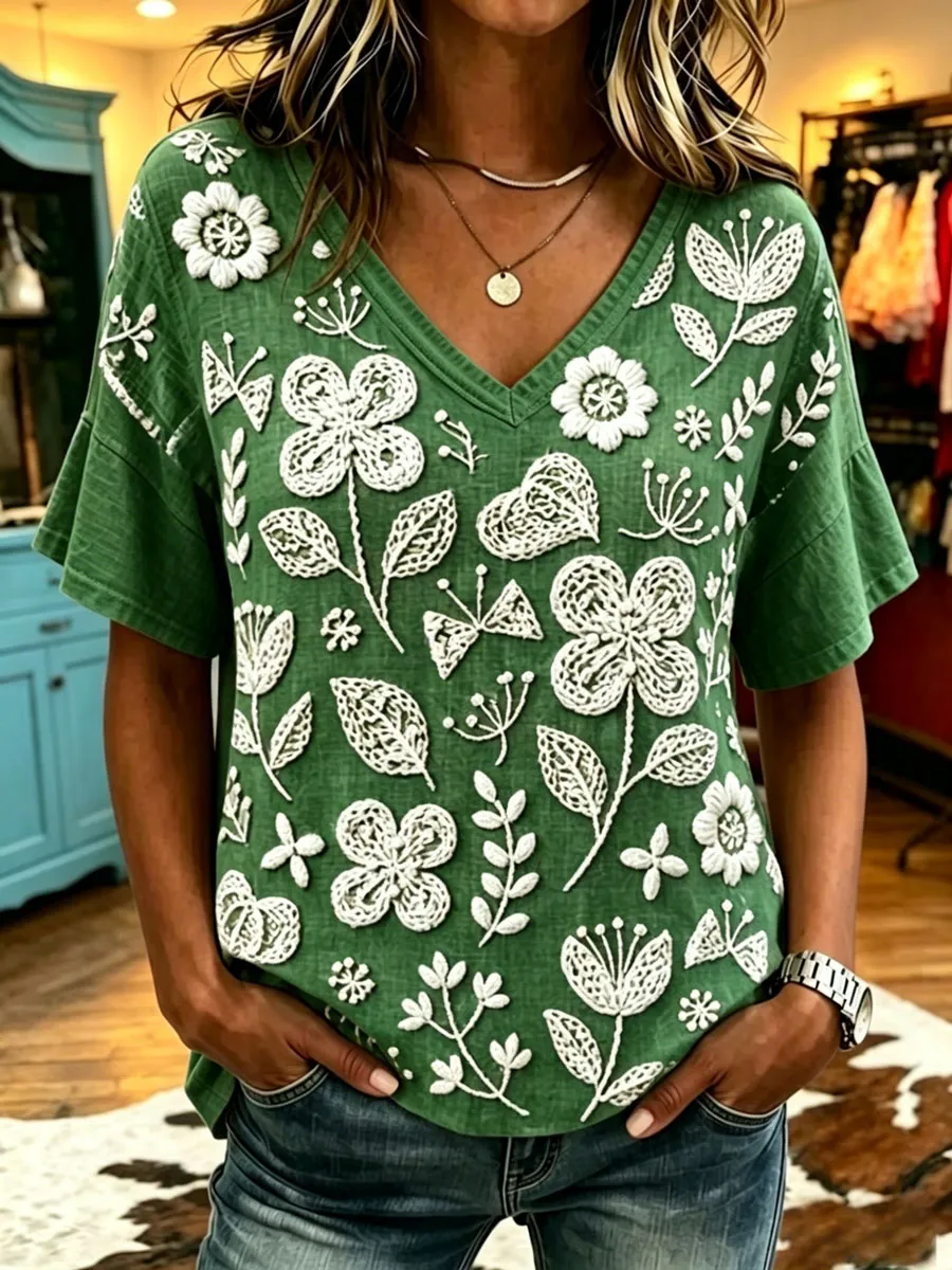 Women'S Retro Floral Art Print Top