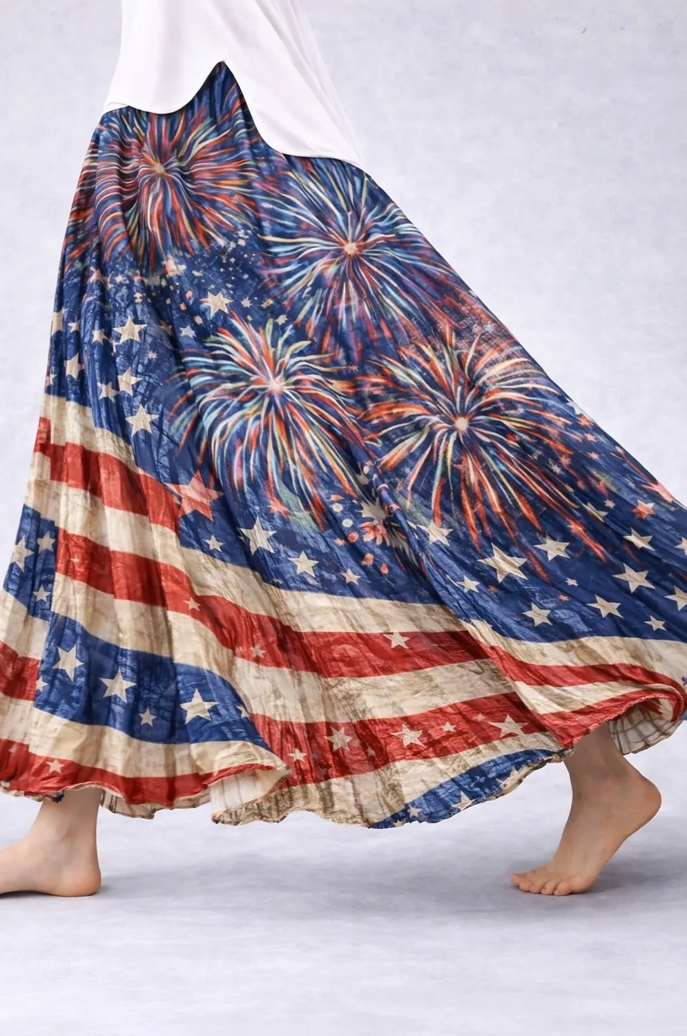 Women's USA Flag Firework Star Print Flowy Maxi Skirt